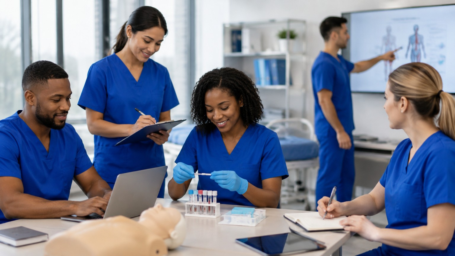 Healthcare students participating in a hands-on clinical training session